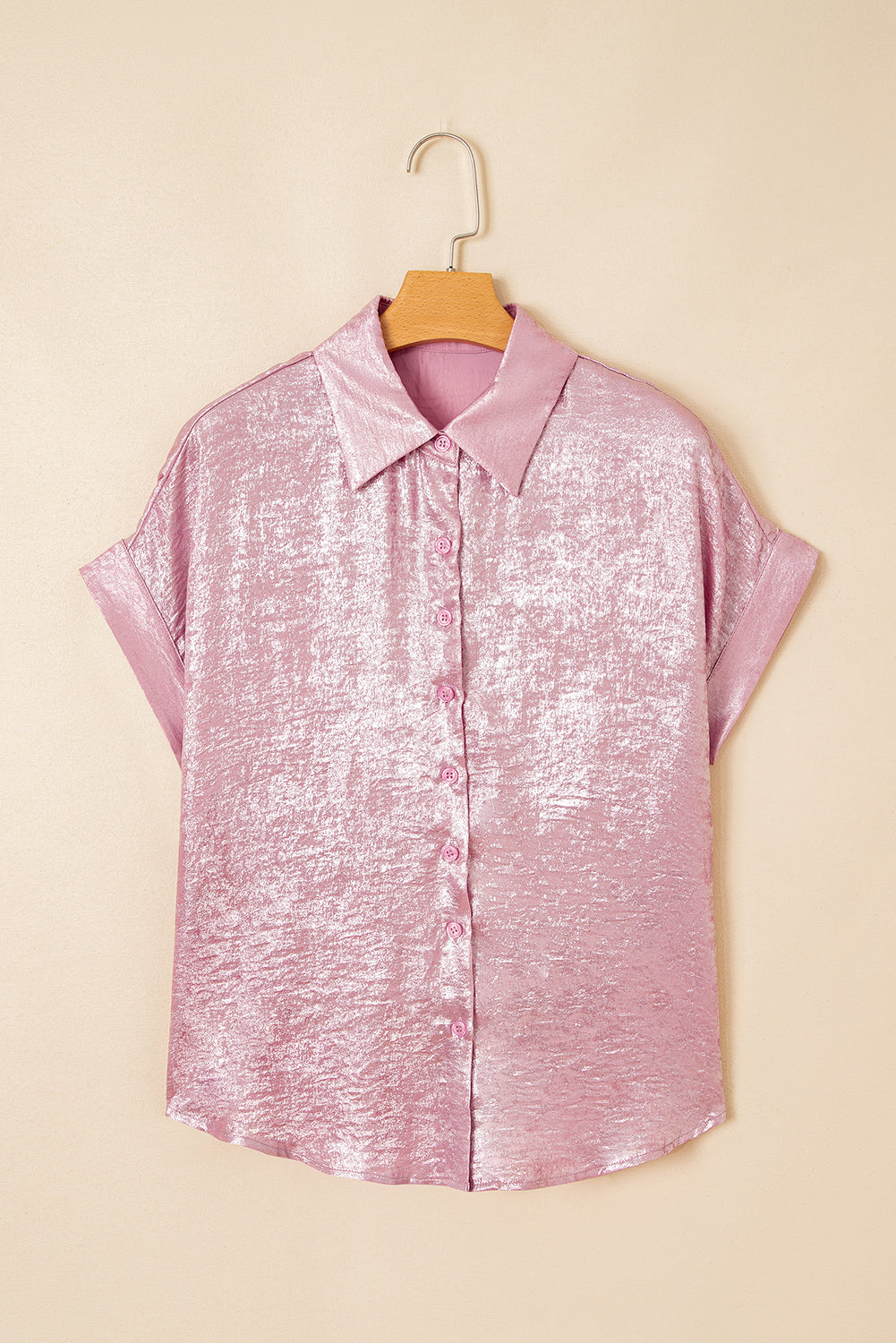 Pink Metallic Sheen Short Sleeve Buttoned Front Casual Shirt