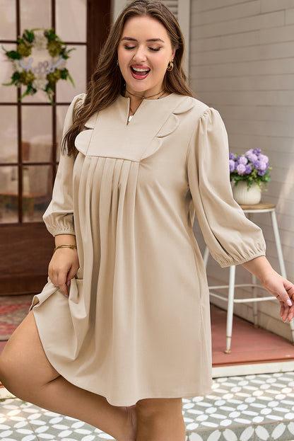 Parchment Notched Neck Scallop Detail Plus Size Mini Dress