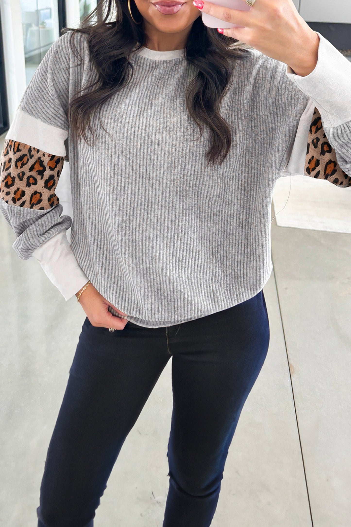 Gray Leopard Print Colorblock Patchwork Ribbed Knit Top