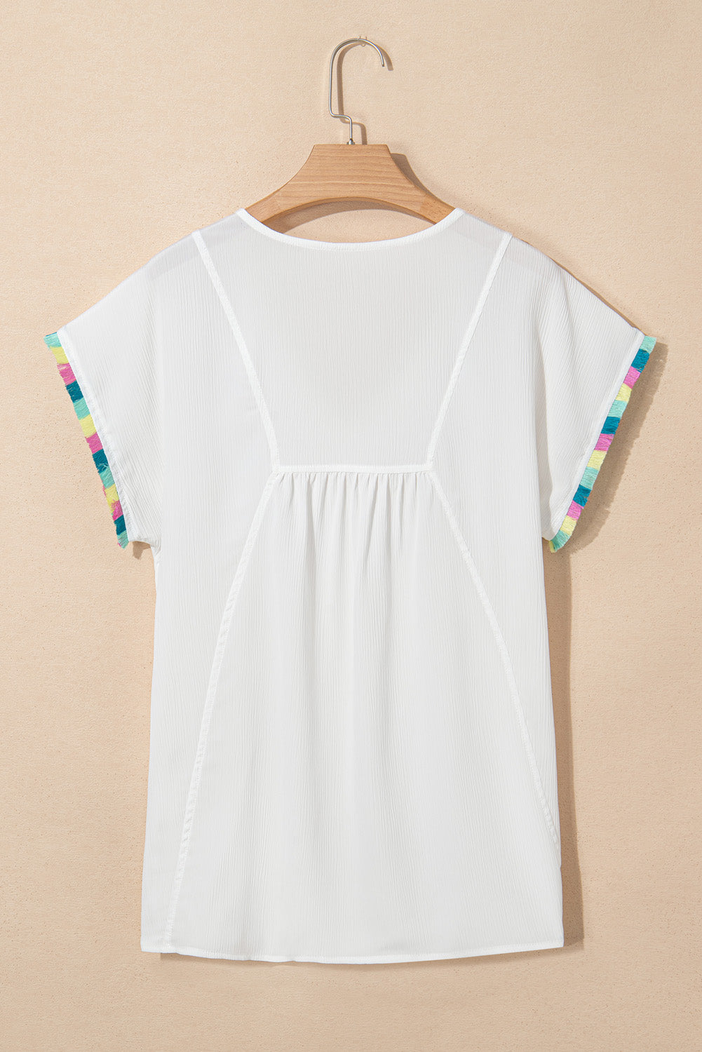 White Colorful Fringed Detail Tassel Tie Neck Short Sleeve Blouse