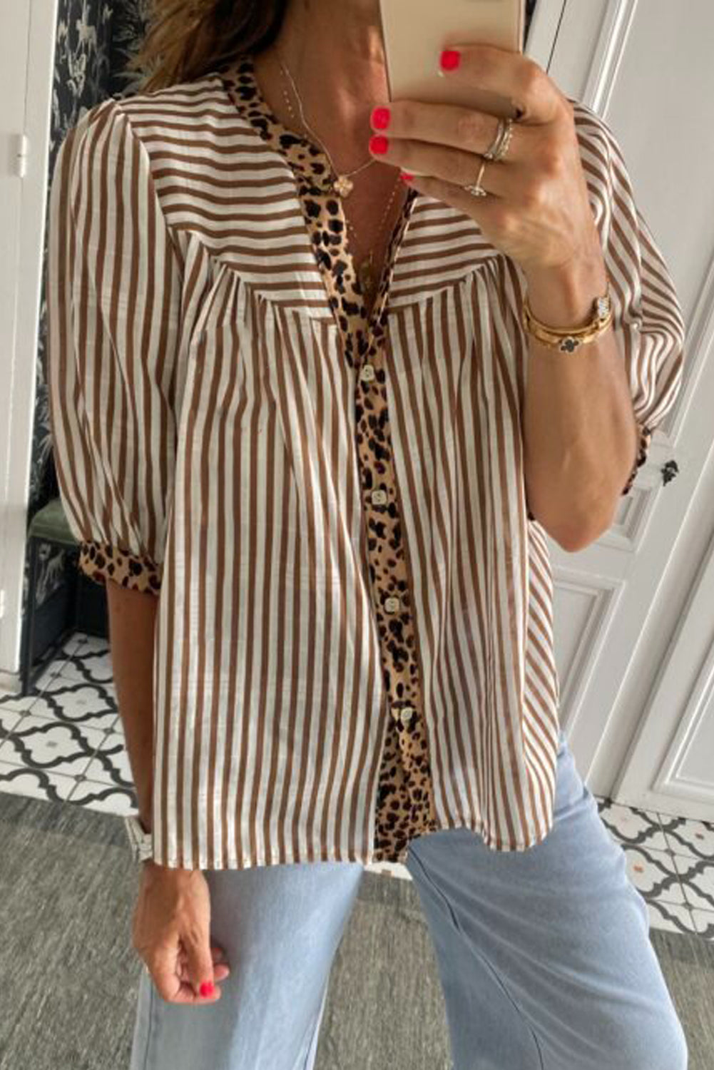 Brown Stripe Leopard Trim V Neck Button Down Half Sleeve Shirt
