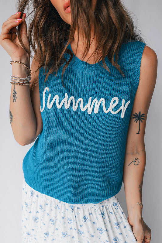 Dusk Blue Summer Script Graphic Sleeveless Sweater Vest