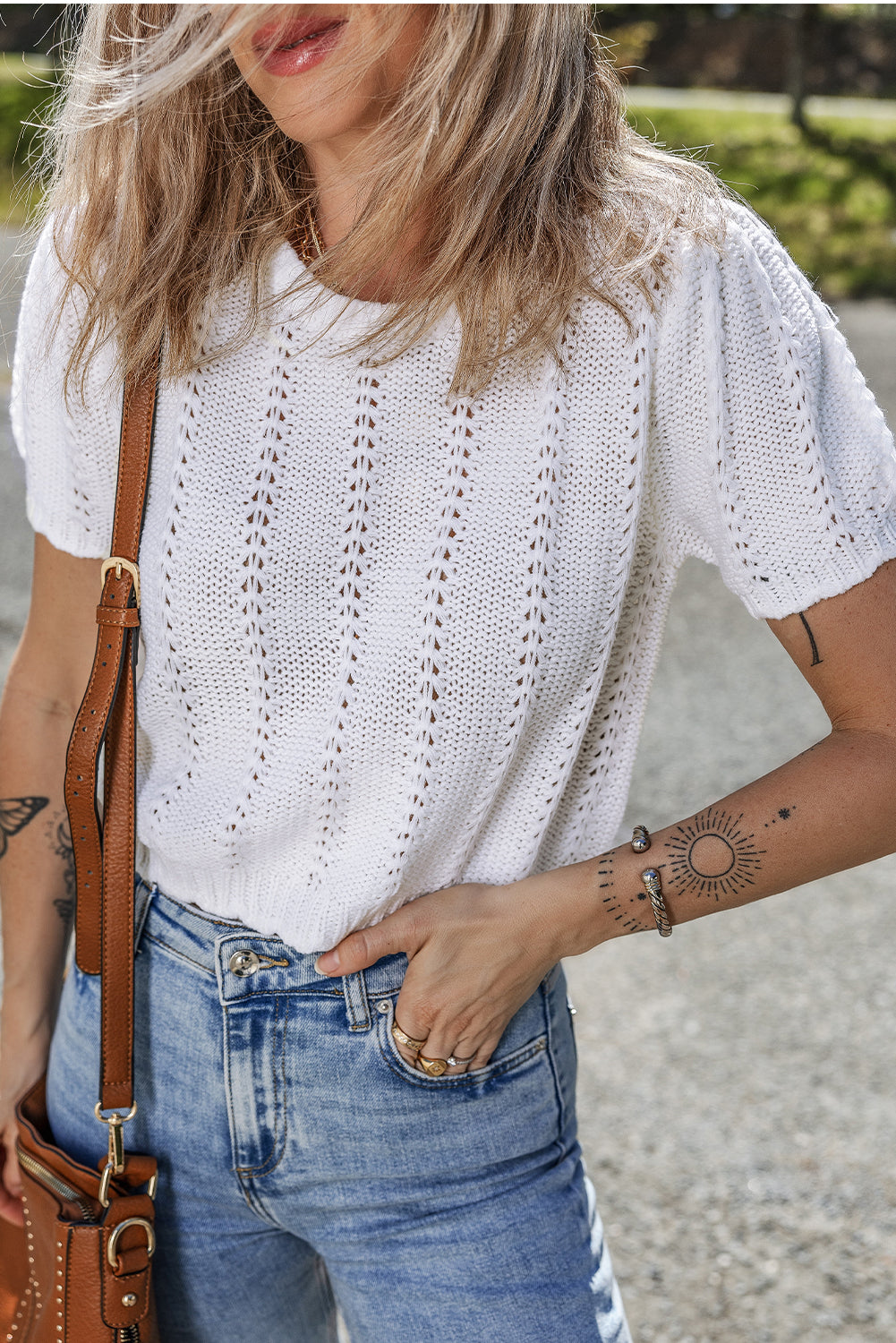 White Pointelle Knit Short Puff Sleeve Crewneck Sweater