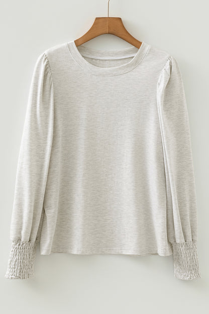 Oatmeal Shirred Cuffs Puff Sleeve Peasant Top