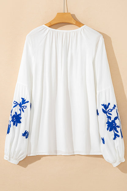 White Floral Embroidered Drawstring V Neck Blouse