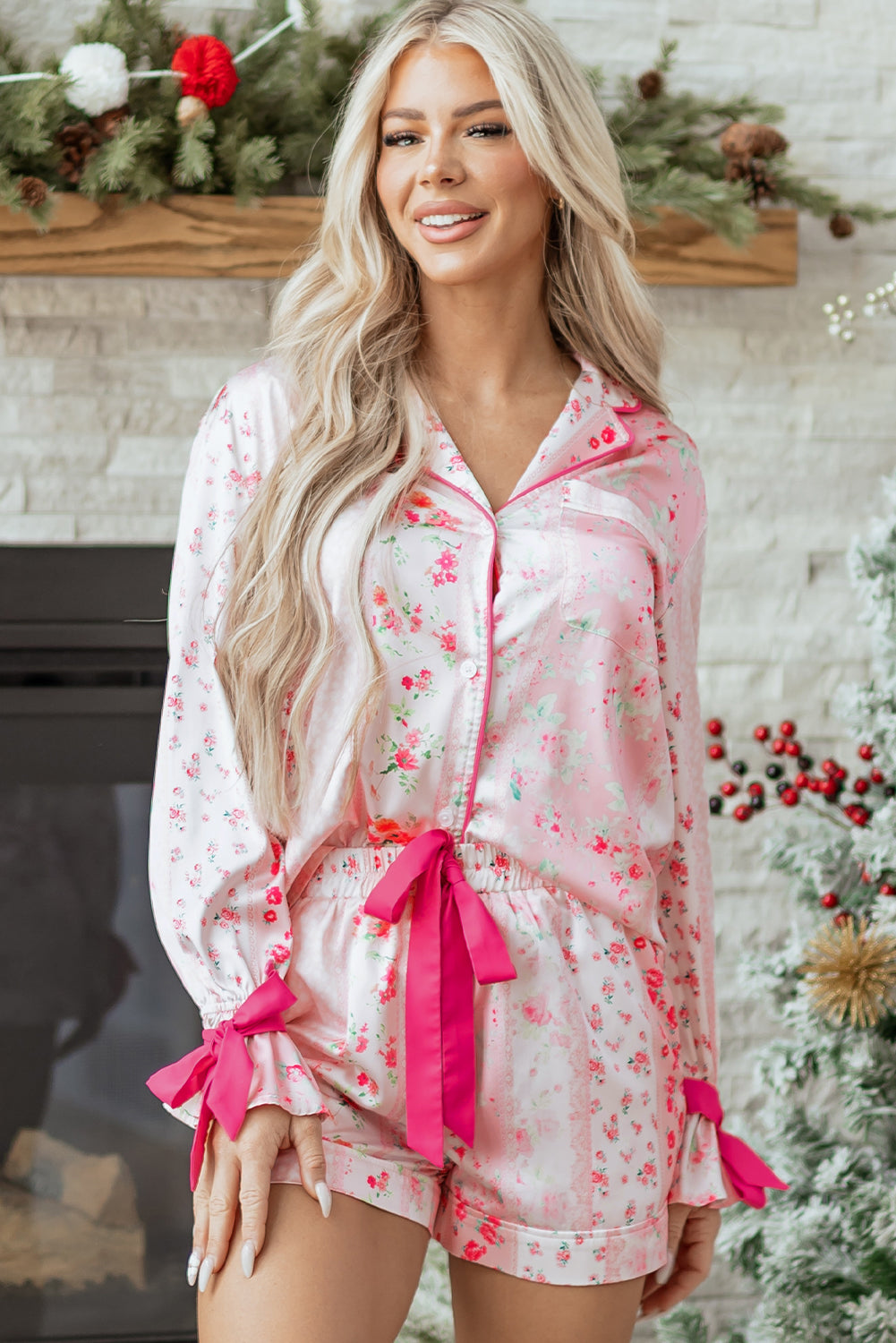 Pink Mixed Floral Print Contrast Piping Trim Satin Tie 2pcs Pajama Set