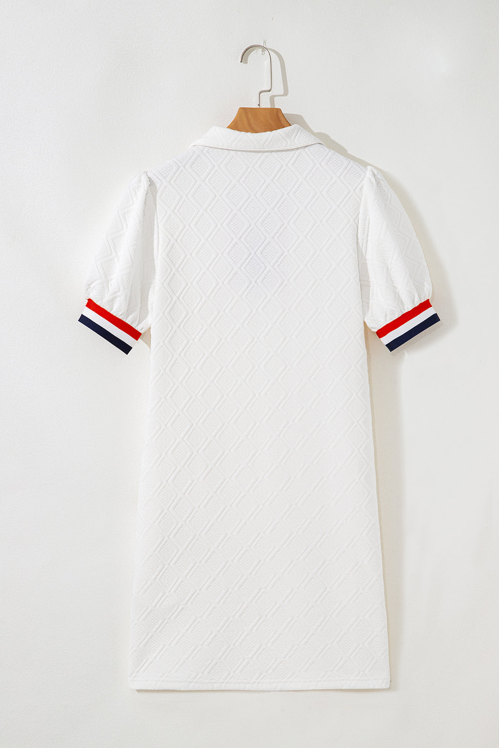 White Textured Jacquard Colorblock Edge Puff Sleeve Quarter Zip Mini Dress