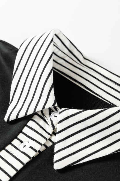 Black Plus Size Striped Cuffs Polo Collar Patchwork Long Sleeve Ruffle Hem Dress