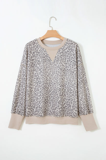 Brown Leopard Print Patchwork Crew Neck Sweatshirt