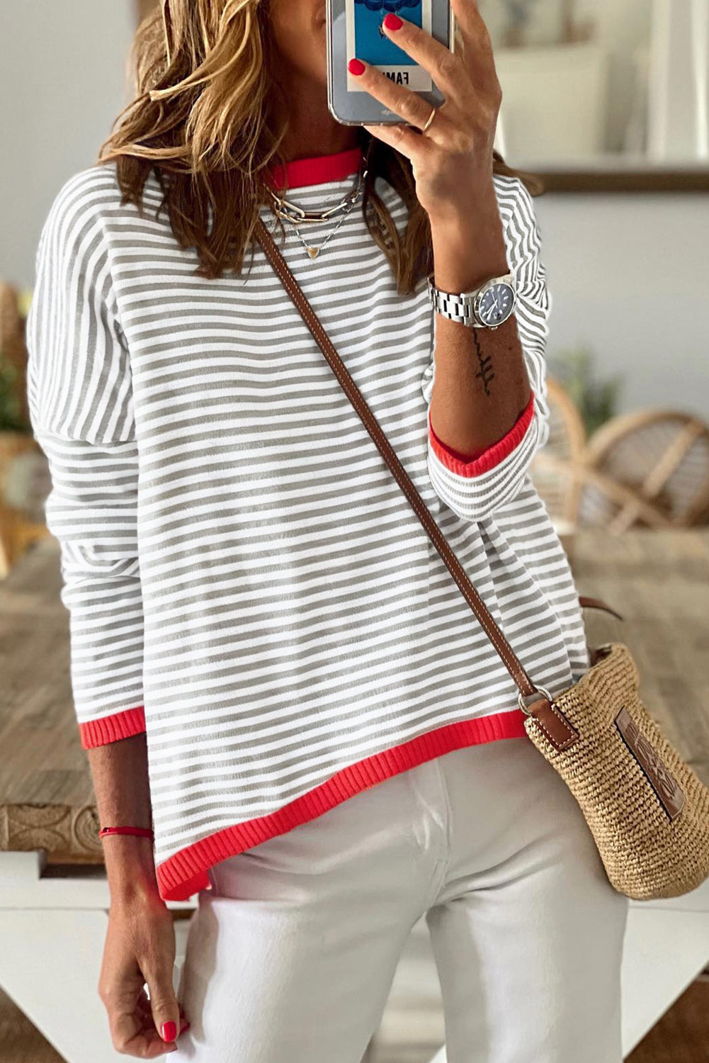 Gray Striped Contrast Trimmed Drop Shoulder Sweater