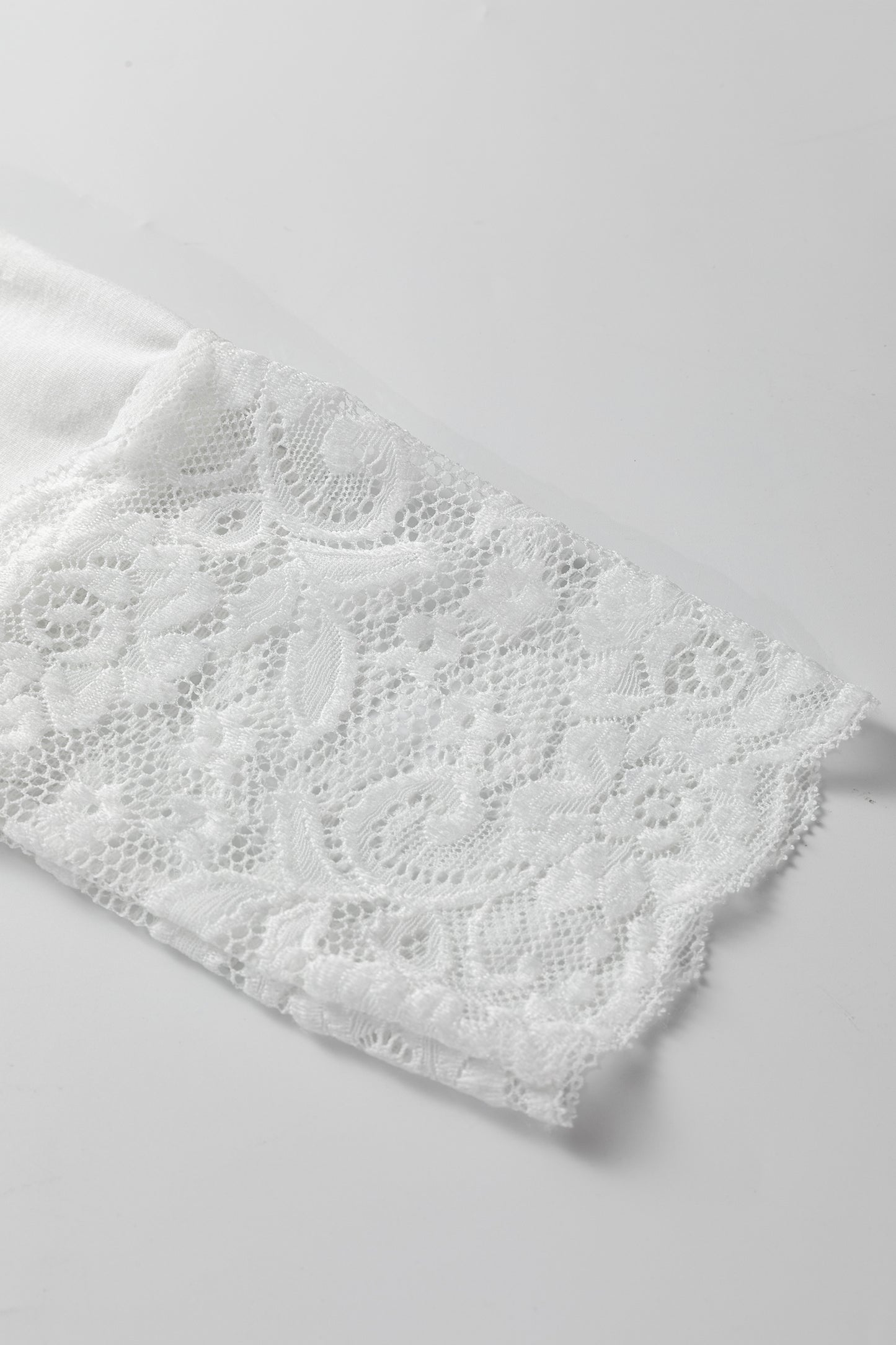 White Lace Trim V Neck Cuffed Long Sleeve Loose Top