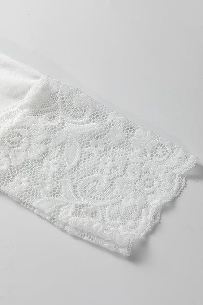 White Lace Trim V Neck Cuffed Long Sleeve Loose Top