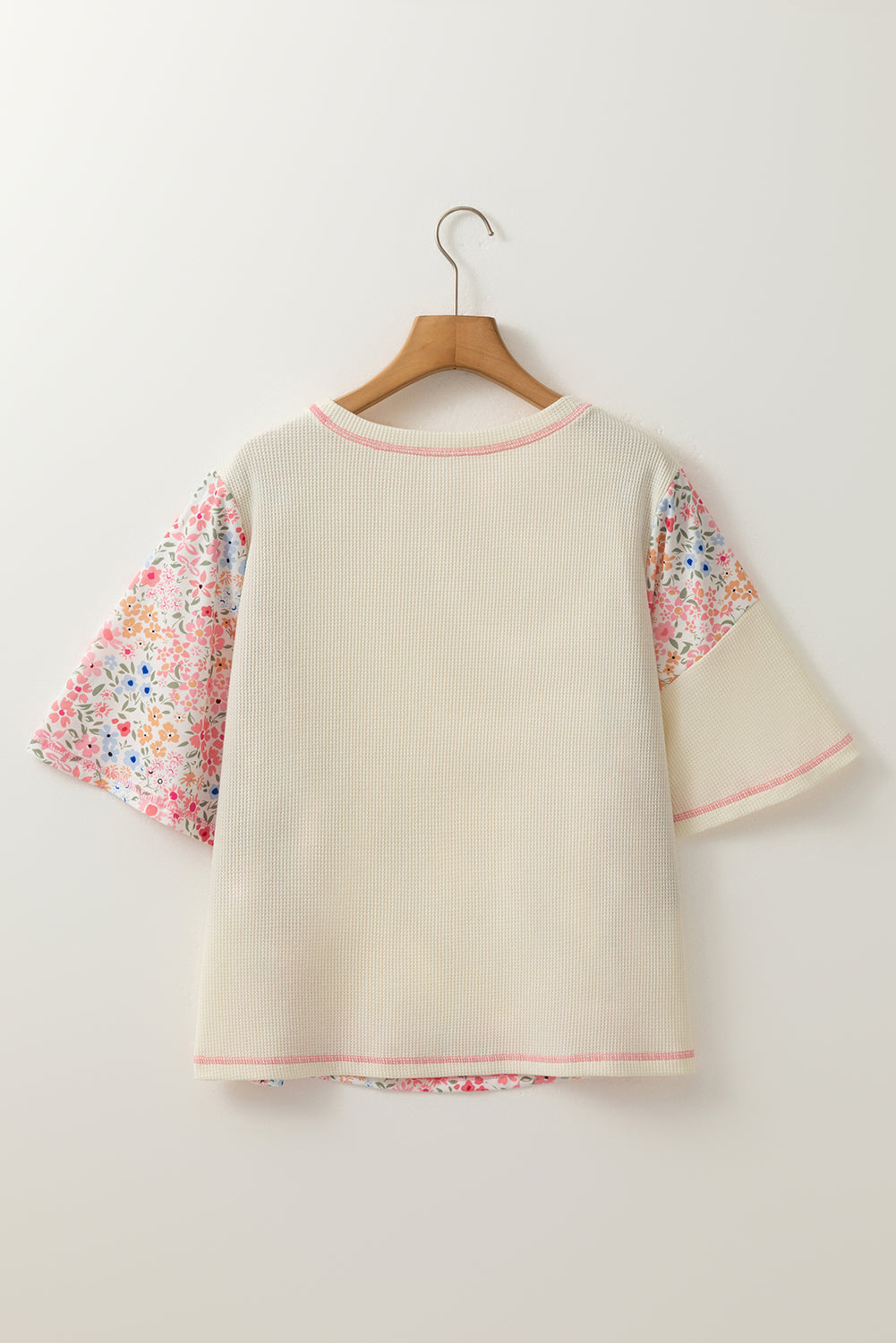 Beige Floral Patchwork Chest Pocket Wide Sleeve Waffle T Shirt