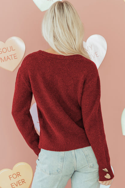 Fiery Red Heart Metal Button V Neck Cardigan Sweater