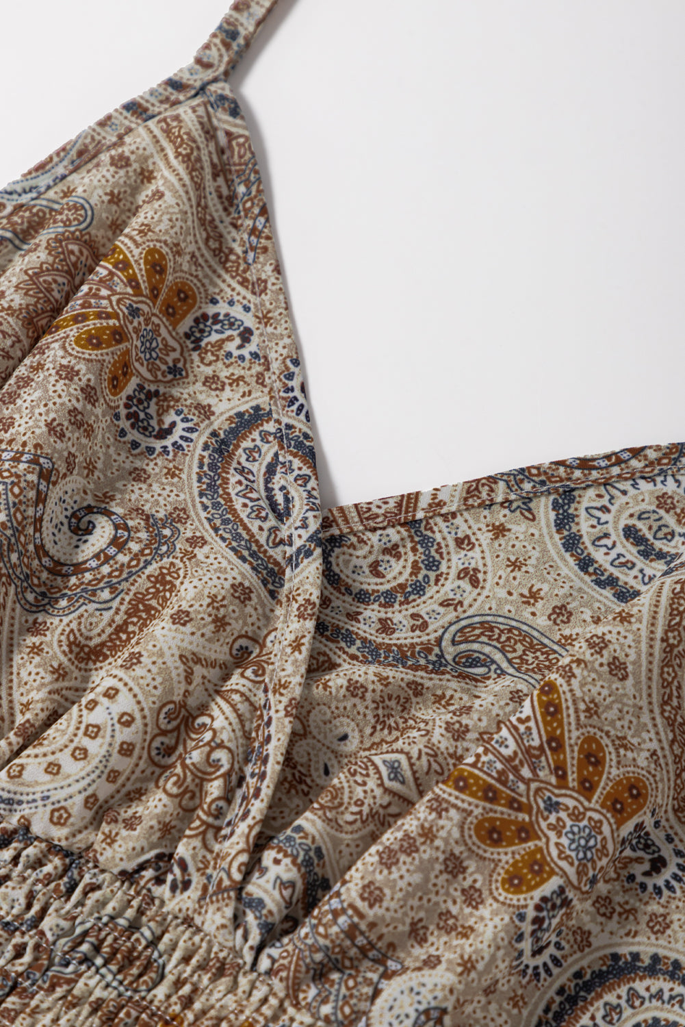 Khaki Paisley Printed Spaghetti Strap V Neck Smocked Babydoll Tank Top