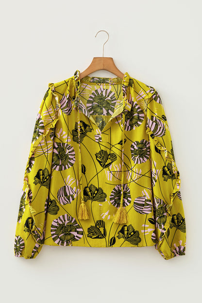 Yellow Vintage Floral V Neck Ruffle Trim Long Sleeve Blouse