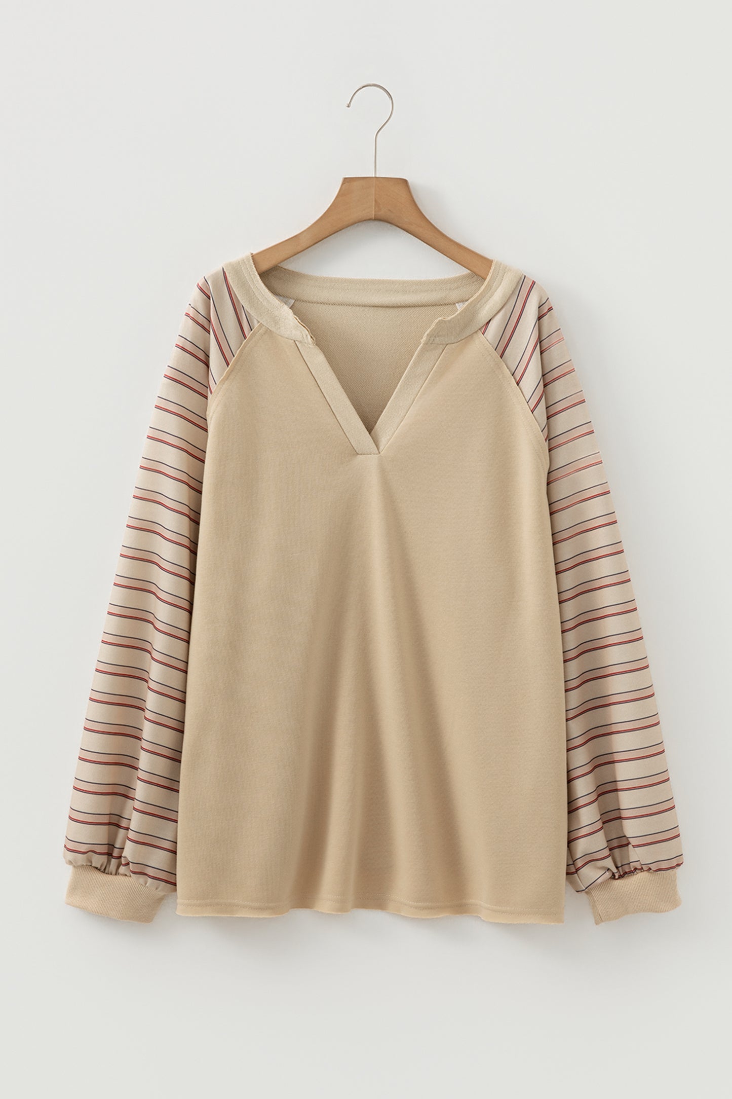 Parchment Striped Raglan Sleeve Notched Neck Raw Edge Plus Size Jumper