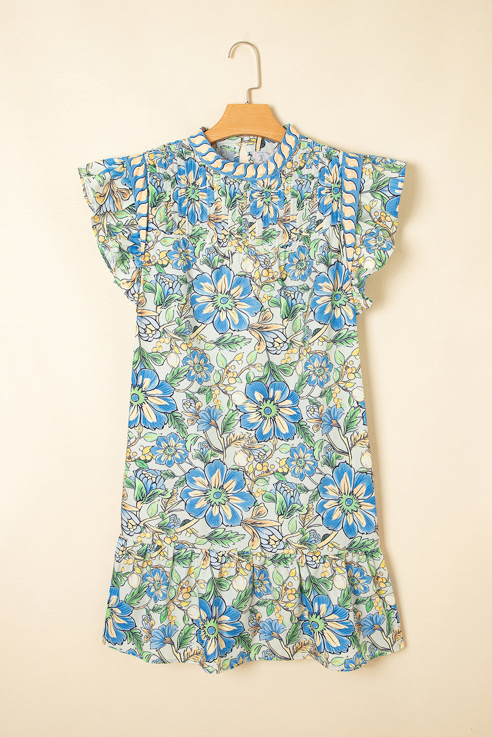 Spinach Green Botanical Floral Print Pleated Ruffle Detail Short Dress