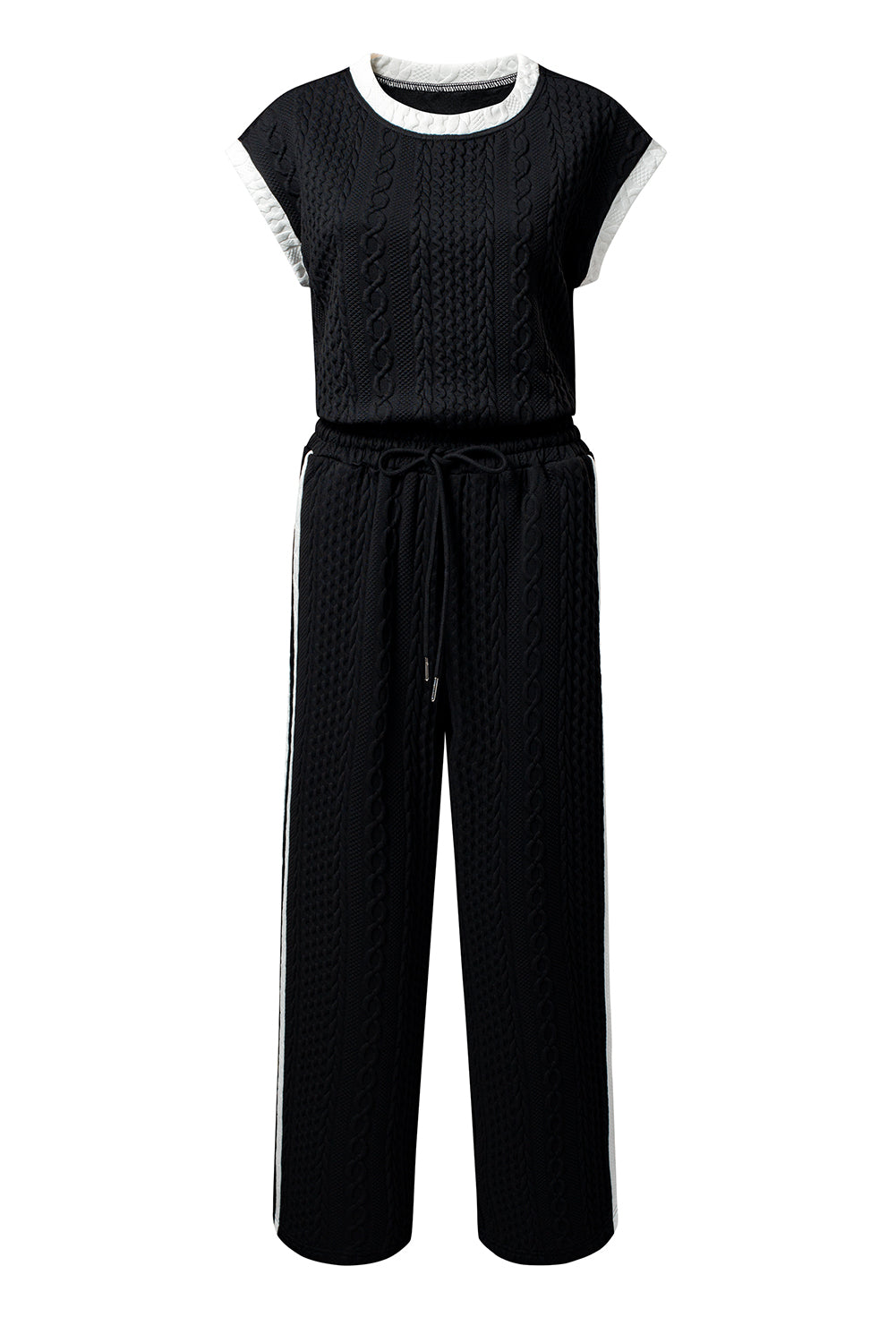 Black Cable Knit Contrast Trim Short Sleeve Top and Pants Set