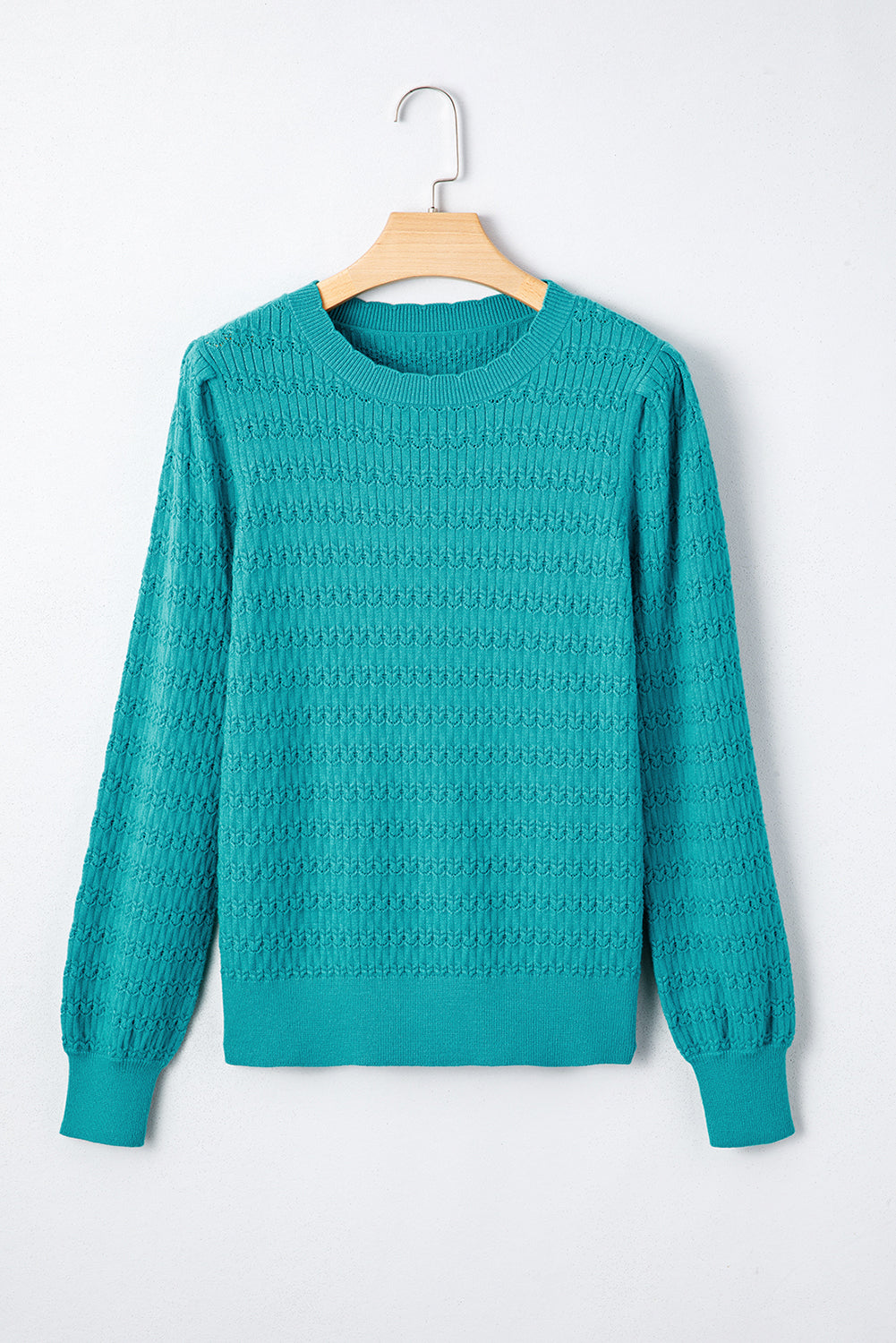 Sea Green Trendy Pattern Knit Ribbed Cuffs Crew Neck Sweater