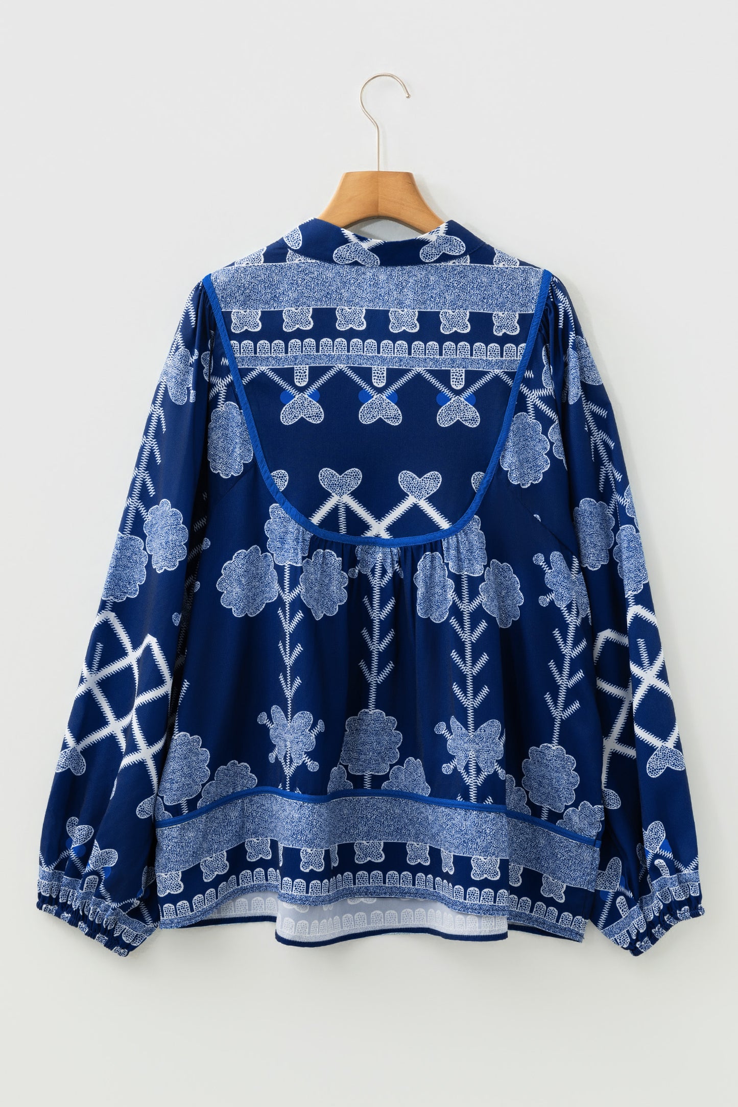 Blue Plus Size Floral Printed Notched Neck Long Sleeve Blouse