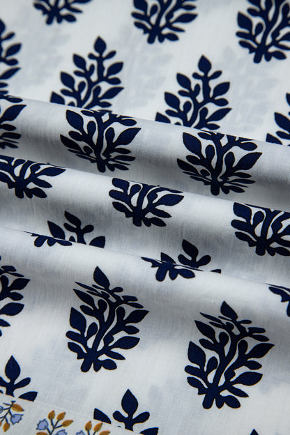 White Plus Size Boho Floral Print Contrast Trim Split Neck Puff Sleeve Patchwork Blouse