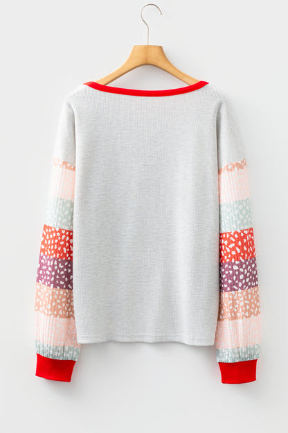 Jet Stream Contrast Leopard Color Block Sleeve Loose Pullover