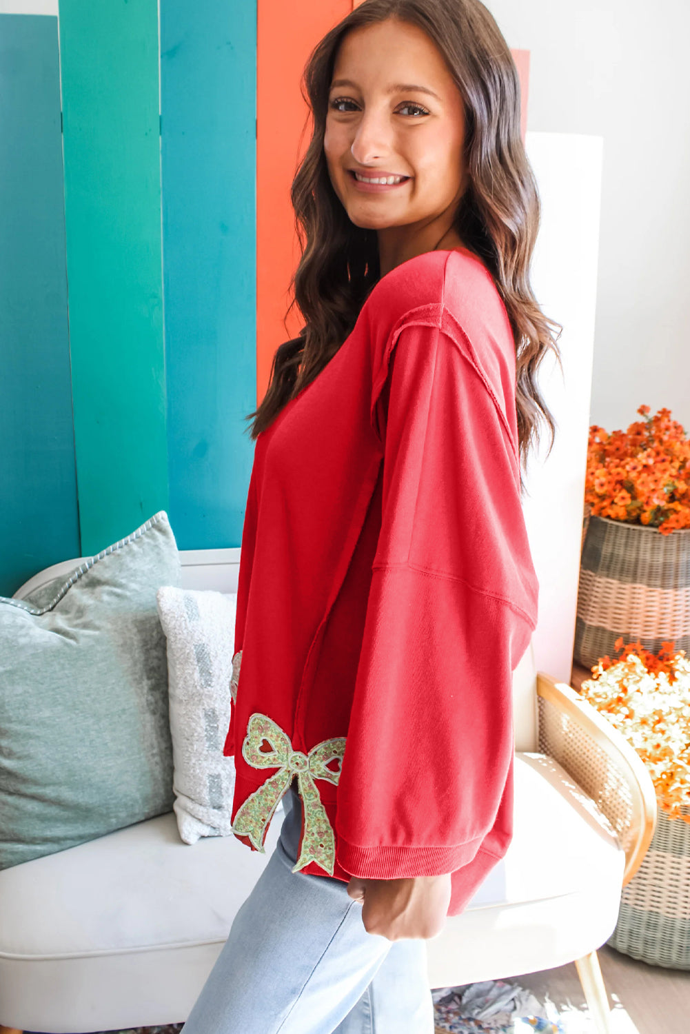 Pink Floral Bow Patched Exposed Seam Patchwork Slit Baggy Sweatshirt