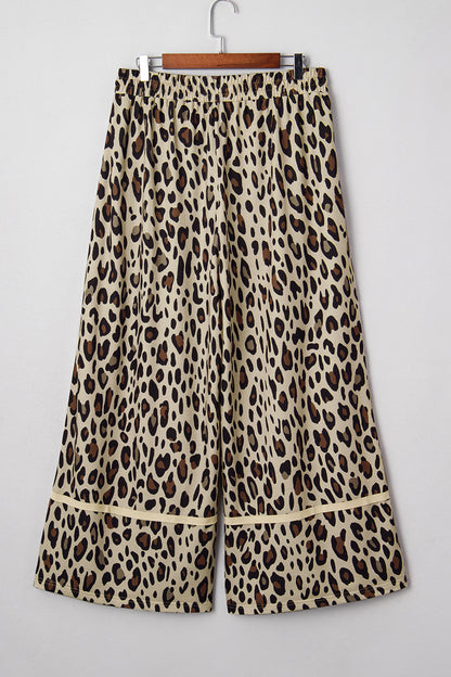Khaki Exposed Seam Patched Pocket Plus Size Drawstring Leopard Wide Leg Pants