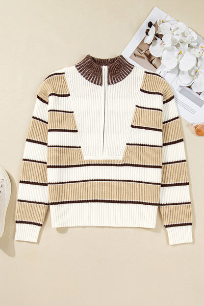 Khaki Stripe Half Zip Drop Shoulder Womens Sweater