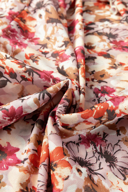 Red Lettuce Trim Floral Print Mesh Long Sleeve Top