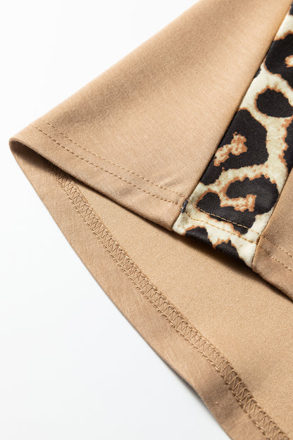 Light French Beige Leopard Trim Round Neck Loose T Shirt