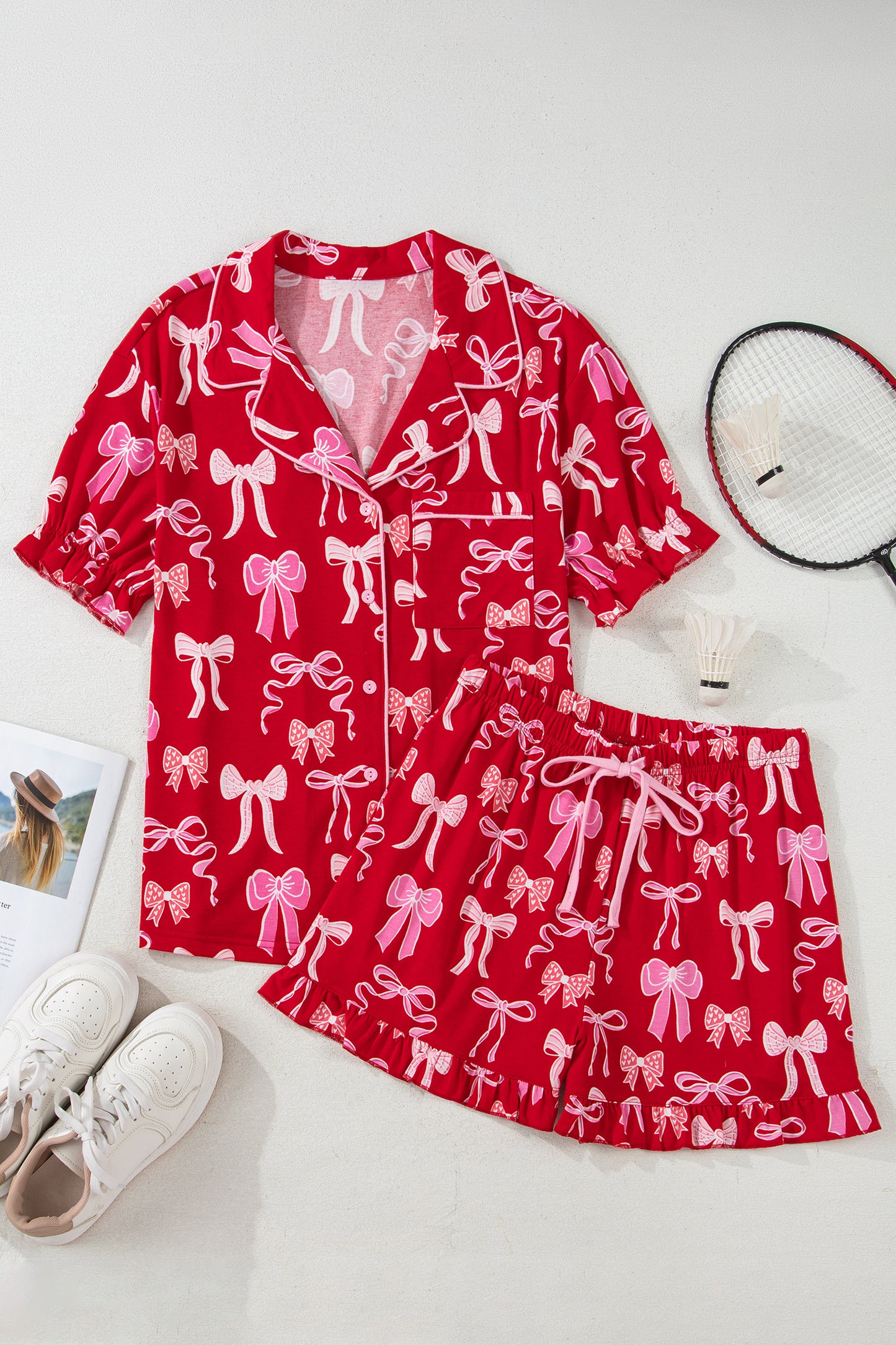 Red Sweet Bow Print Ruffled Short Sleeve Shirt Shorts 2pcs Pajama Set