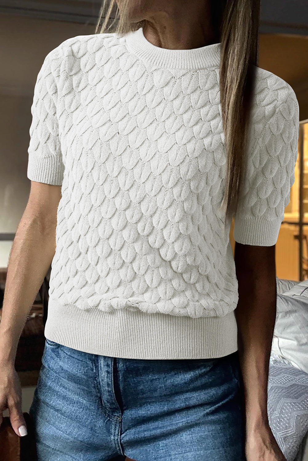 White Fish Scale Textured Knit Ribbed High Neck Short Sleeve Sweater