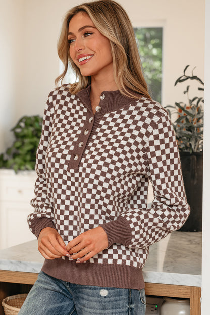 Dark Brown Half Button Ribbed Trim Checkerboard Knit Sweater