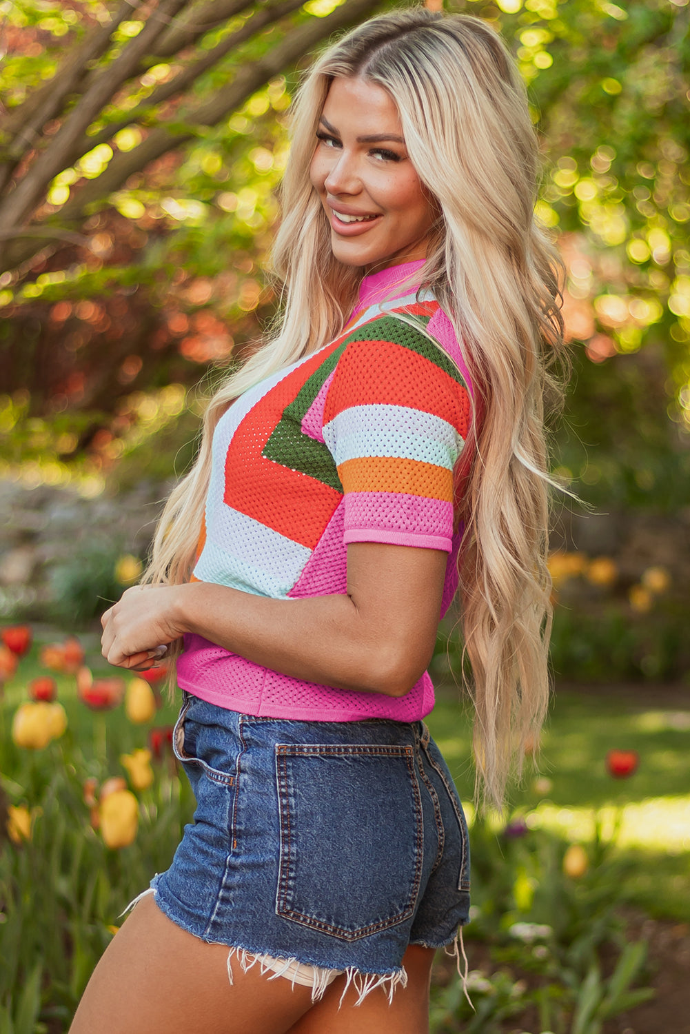 Orange Color Block Eyelet Casual Sweater T Shirt