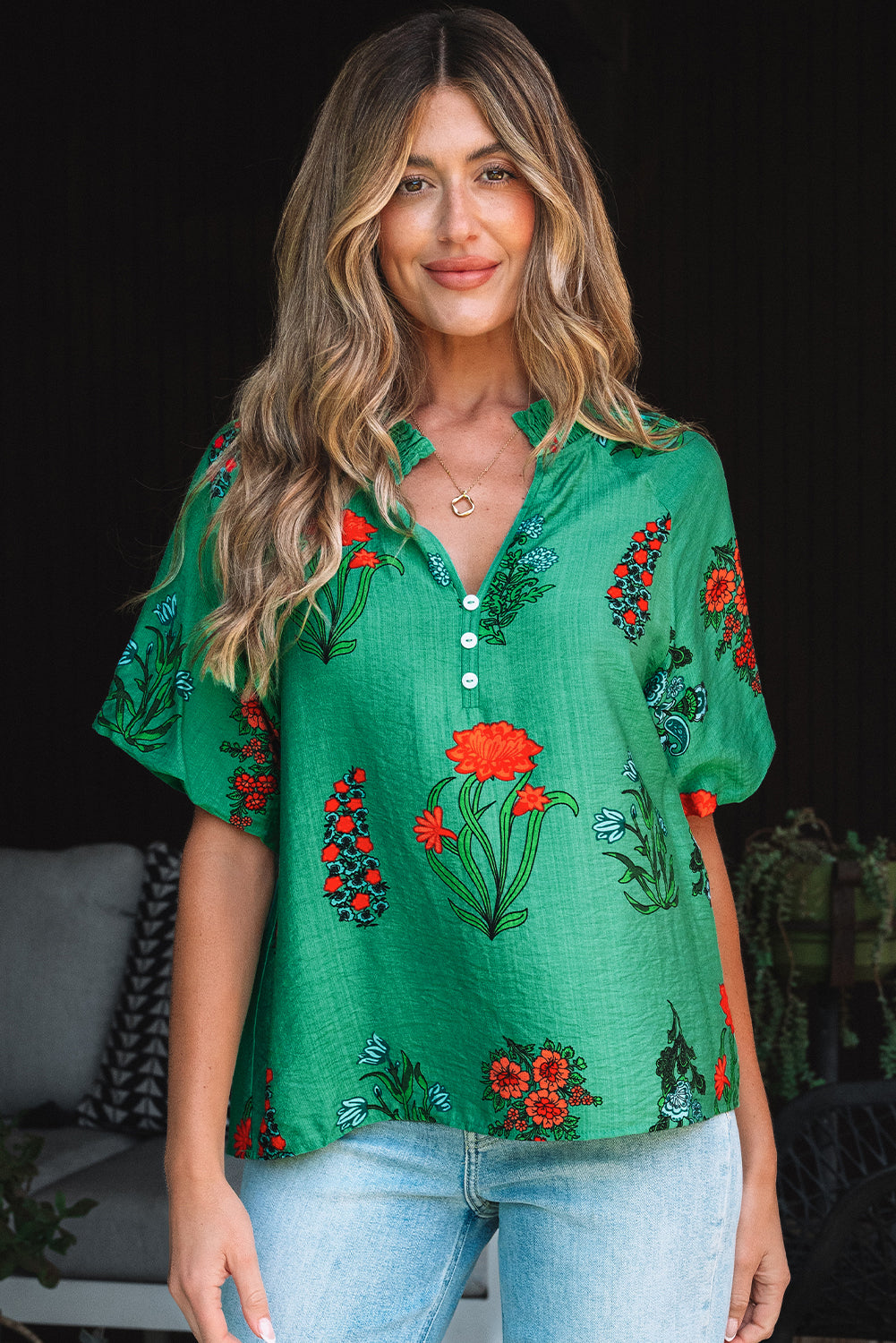 Bright Green Floral Print Buttoned V Neck Short Sleeve Blouse