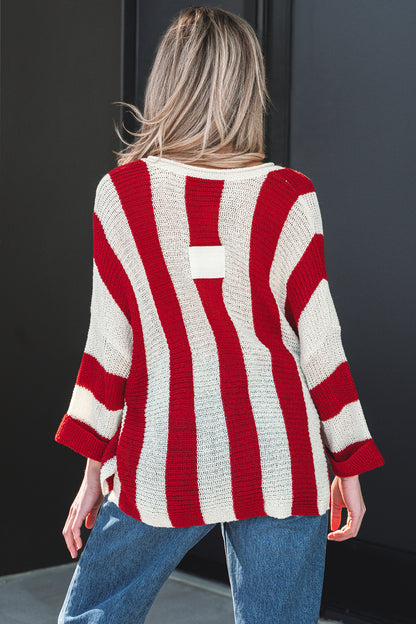 Brown Stripe Colorblock V Neck Bracelet Sleeve Sweater