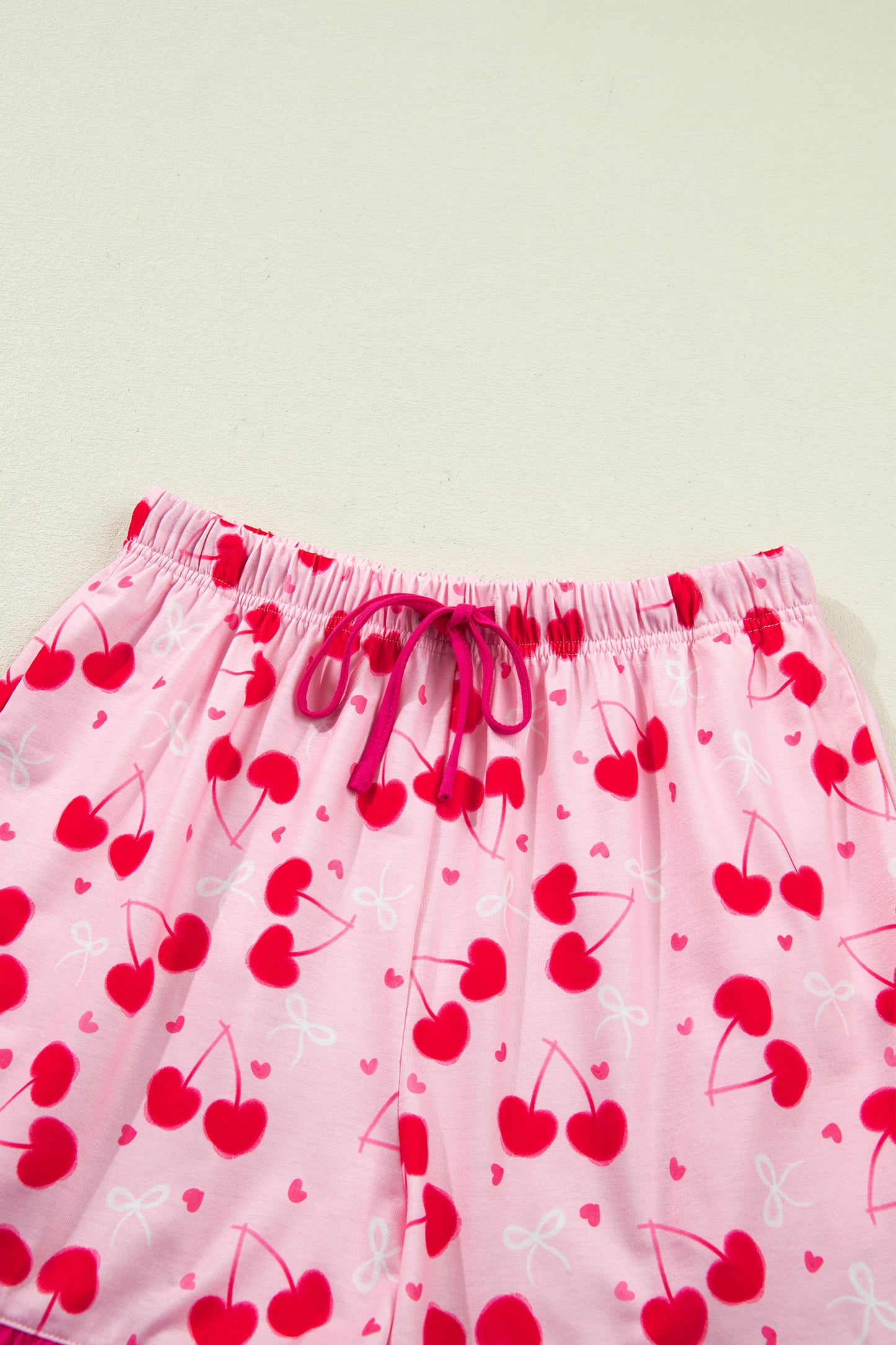 Rose Cherry Bow Mixed Print Scalloped Edge Short Pajama Set