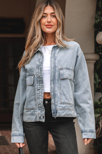 Beau Blue Street Style Zip Up Washed Denim Jacket