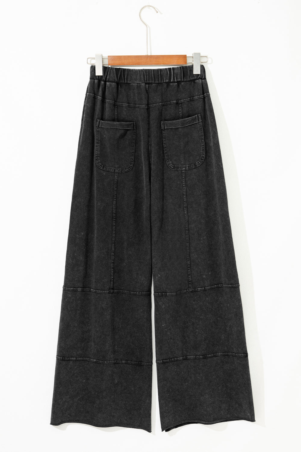 Black Mineral Wash Exposed Seam Drawstring Elastic Waistband Wide Leg Cargo Pants