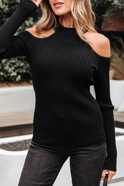 Black Ribbed Knit Cold Shoulder Choker Neck Sweater