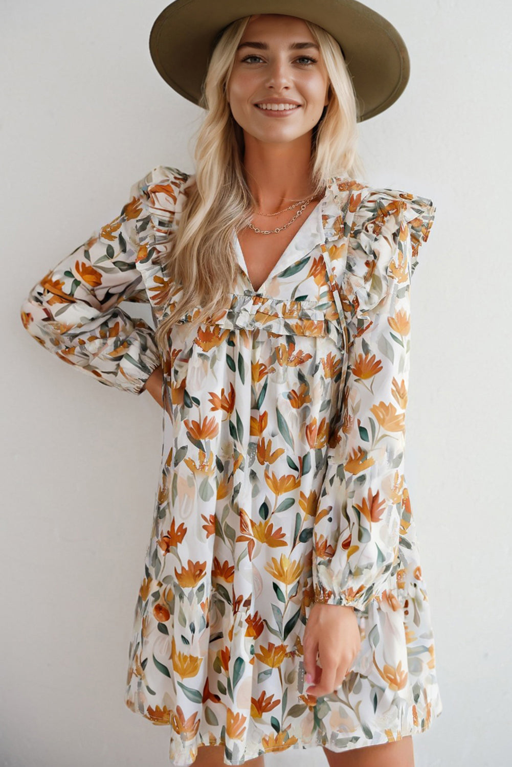 Yellow Floral Print Tie Neck Frilled Detail Long Sleeve Mini Dress