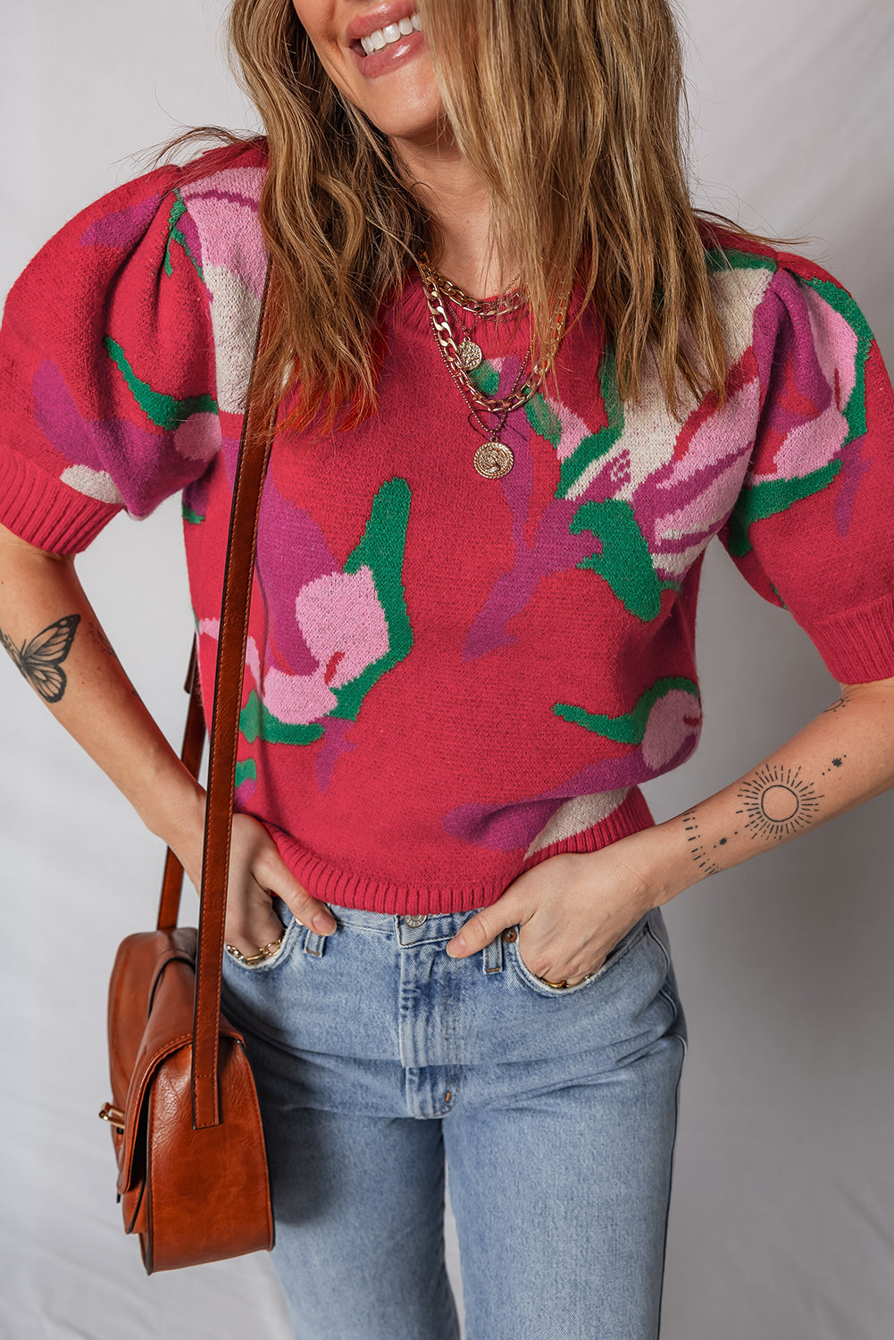 Red Floral Abstract Print Short Puff Sleeve Sweater
