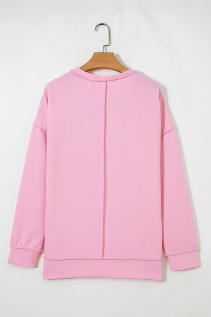Pink Horizontal Ribbed Exposed Seam Detail Drop Shoulder Baggy Pullover