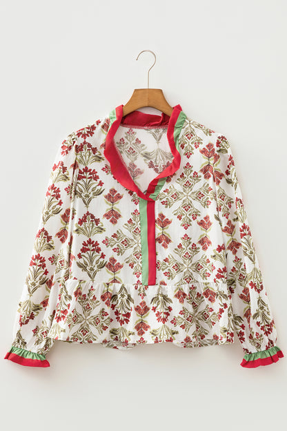 Floral Print Frilled Color Block Trim V Neck Long Sleeve Peplum Top