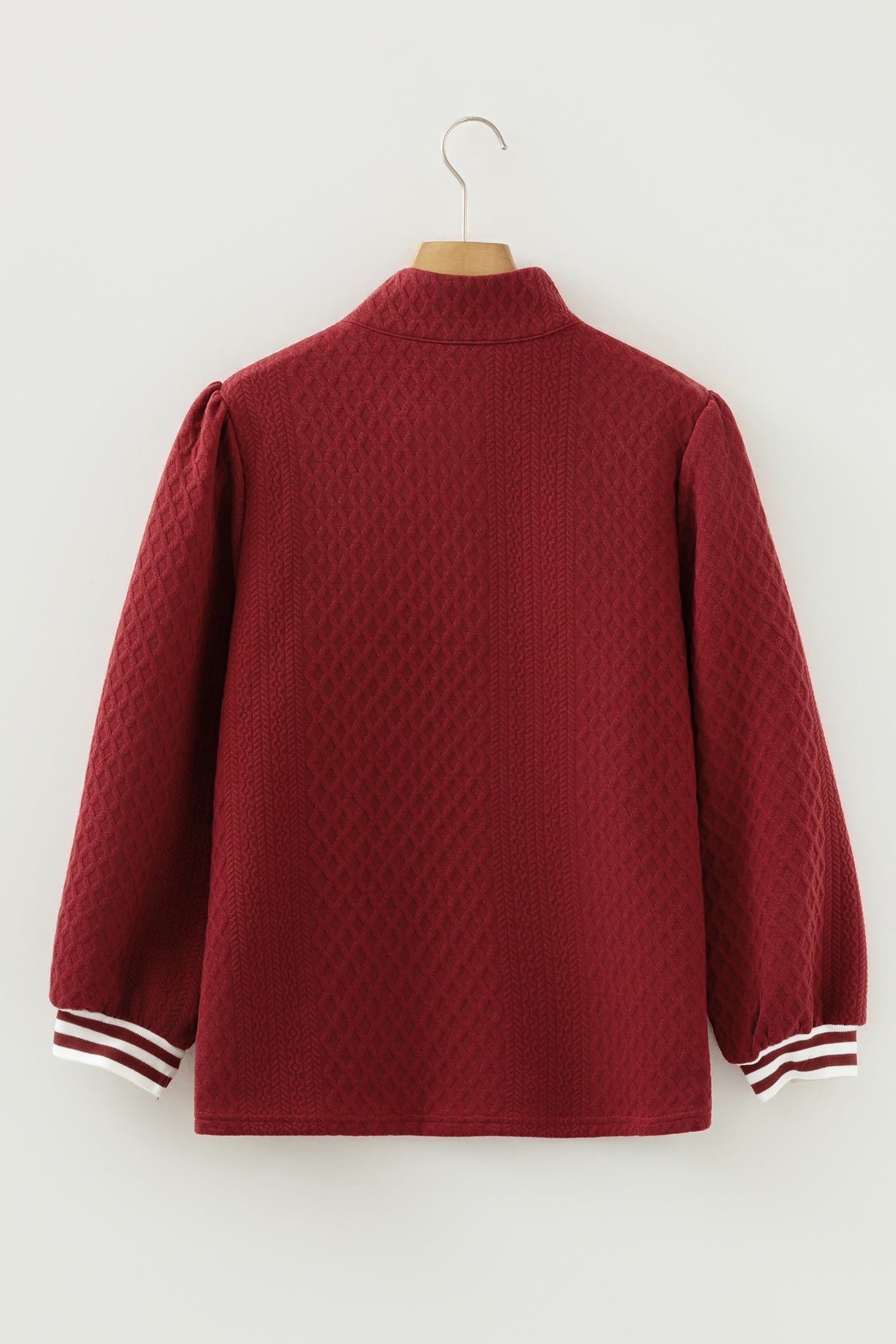 Racing Red Rhombus Textured Striped Patchwork Zip Neck Pullover Sweatshirt