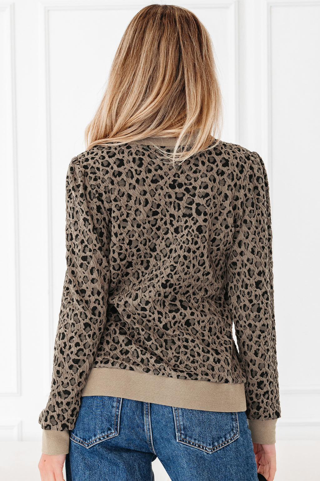 Khaki Ribbed Trim Leopard Print Long Sleeve Top
