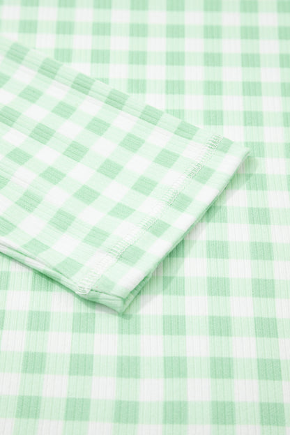 Green Gingham Long Sleeve Loose Top Drawstring Shorts 2pcs Lounge Set