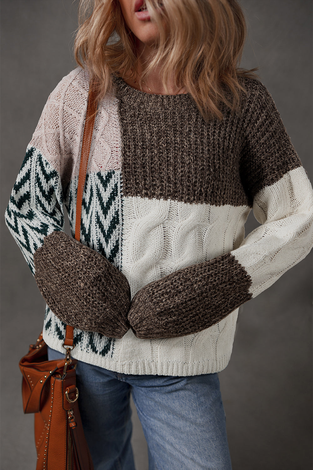 Brown Color Block Patchwork Knotted Back Loose Fit Sweater
